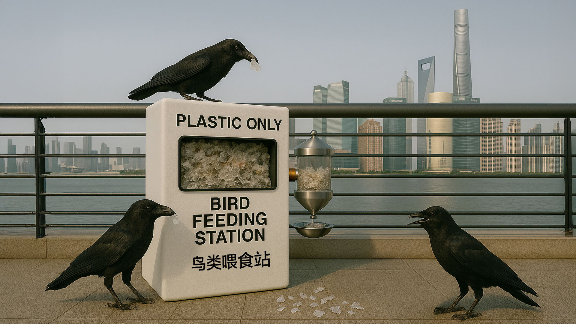 Worldbuilding: Crows collecting Plastics in the 2050's Beijing to receive the converted nutritious Plastivore biomass