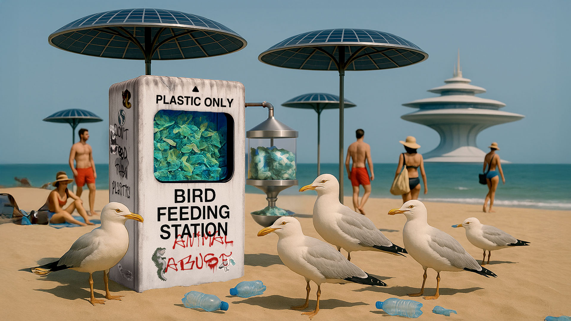 Worldbuilding: Seagulls at US beaches have understood how to collect plastics from the beach and put them into feeding stations in order to convert it into food