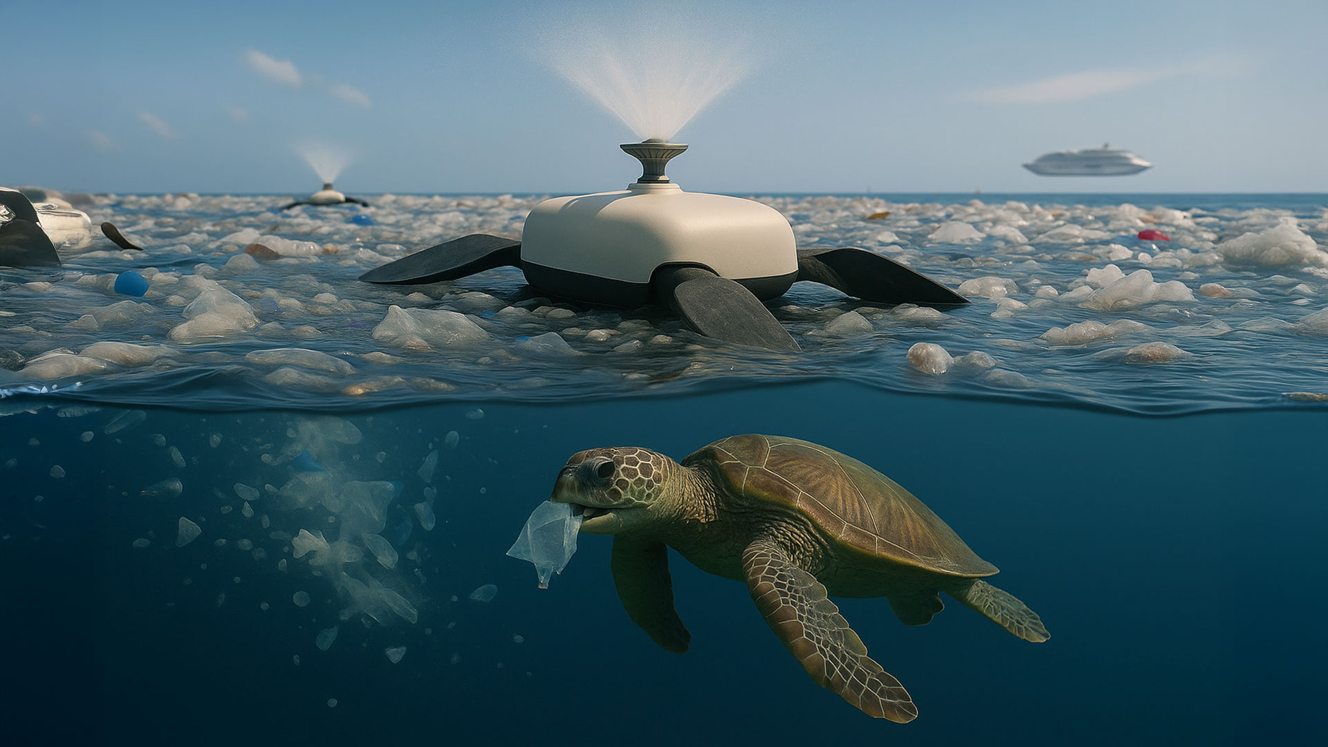 Worldbuilding: In 2050, oceanic robots spray the Plastivore bacteria on plastic islands in the ocean. Under the sea: A turtle eating the treated plastic