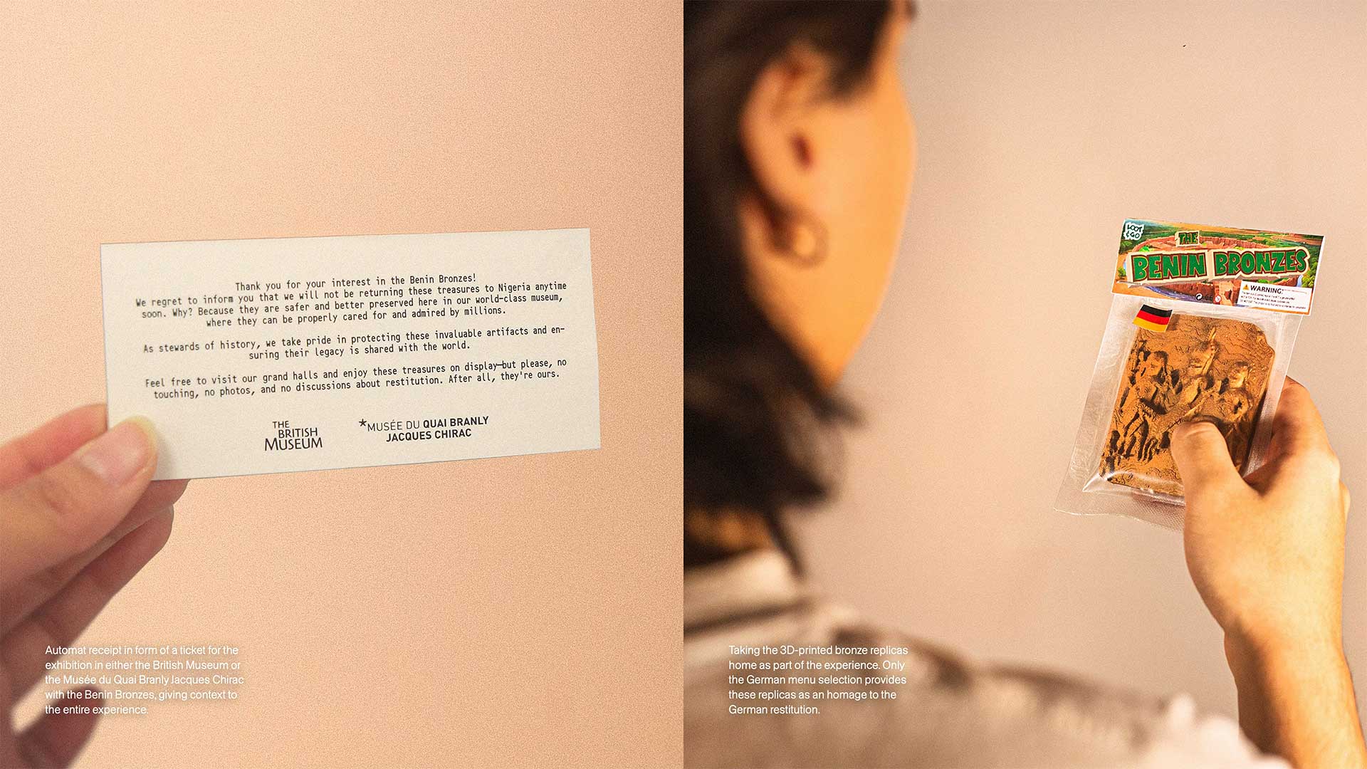 Looted Artifacts // Printed Critical Design Ticket + 3d printed Benin Bronze Replica